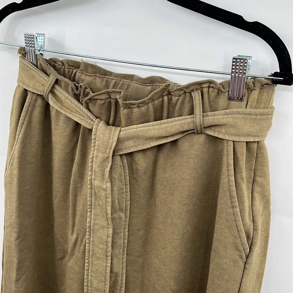 🆕Olive Green French Terry Paperbag Waist Tie High Waist Wide Leg Pants S,M & L - Picture 6 of 16
